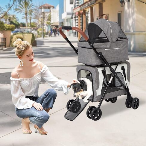 kinbor Double Pet Stroller for 2 Dogs Cats - Portable 4 Wheels Dog Strollers with 2 Detachable Carrier Cages and Cushions for Small Dogs, 3 in 1 Cat Seat Folding Travel Carrier, Grey in Saudi Arabia