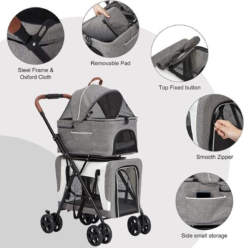 kinbor Double Pet Stroller for 2 Dogs Cats - Portable 4 Wheels Dog Strollers with 2 Detachable Carrier Cages and Cushions for Small Dogs, 3 in 1 Cat Seat Folding Travel Carrier, Grey in Saudi Arabia