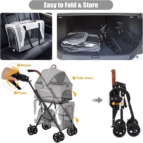kinbor Double Pet Stroller for 2 Dogs Cats - Portable 4 Wheels Dog Strollers with 2 Detachable Carrier Cages and Cushions for Small Dogs, 3 in 1 Cat Seat Folding Travel Carrier, Grey in Saudi Arabia