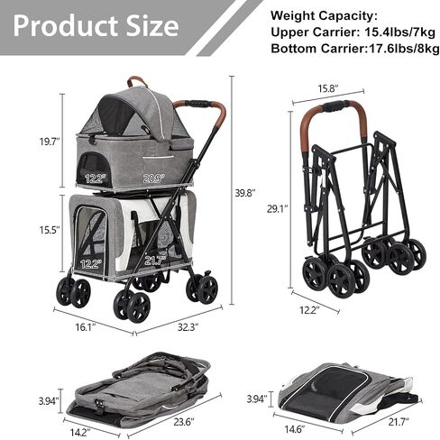 kinbor Double Pet Stroller for 2 Dogs Cats - Portable 4 Wheels Dog Strollers with 2 Detachable Carrier Cages and Cushions for Small Dogs, 3 in 1 Cat Seat Folding Travel Carrier, Grey in Saudi Arabia