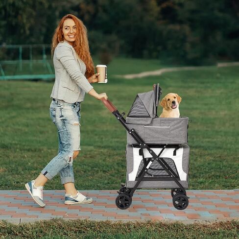 kinbor Double Pet Stroller for 2 Dogs Cats - Portable 4 Wheels Dog Strollers with 2 Detachable Carrier Cages and Cushions for Small Dogs, 3 in 1 Cat Seat Folding Travel Carrier, Grey in Saudi Arabia