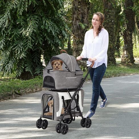 kinbor Double Pet Stroller for 2 Dogs Cats - Portable 4 Wheels Dog Strollers with 2 Detachable Carrier Cages and Cushions for Small Dogs, 3 in 1 Cat Seat Folding Travel Carrier, Grey in Saudi Arabia