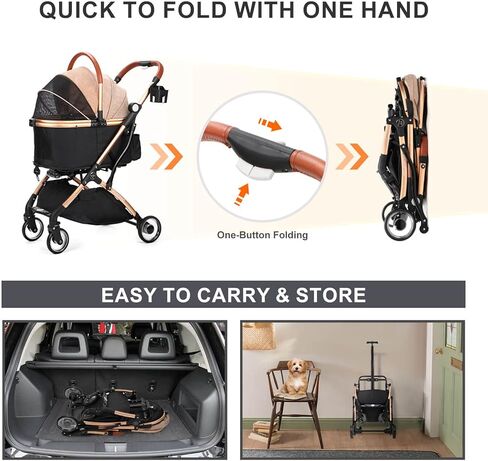 عربة أطفال سكيسوبجو 3 في 1 قابلة للطي للكلاب الصغيرة والمتوسطة والقطط، عربة أطفال بدون سحاب مع حامل قابل للفصل، زر ضغط، عربة أطفال فاخرة لسفر الجراء (كاكي) in Kuwait
