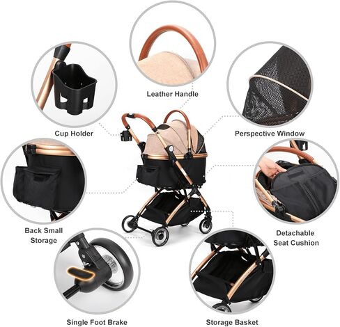 عربة أطفال سكيسوبجو 3 في 1 قابلة للطي للكلاب الصغيرة والمتوسطة والقطط، عربة أطفال بدون سحاب مع حامل قابل للفصل، زر ضغط، عربة أطفال فاخرة لسفر الجراء (كاكي) in Kuwait