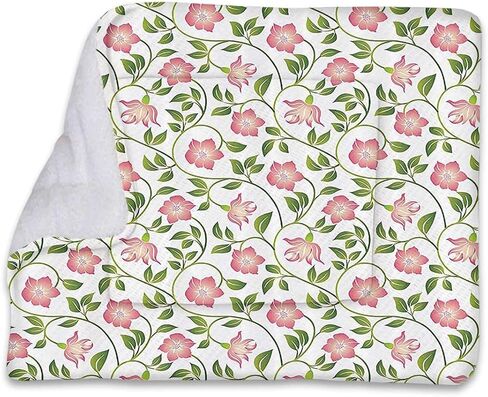 Pink Green Machine Washable Warm Mattress for Dogs and Cats Flower and Curvy Stem Camomile Foliage Image Soft Plush Autumn Winter Thermal Pet Bed Snooze Sleeping for Kittens Puppies Rabbits 14" x 18" in Saudi Arabia