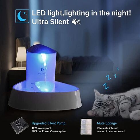ايلس بيت نافورة مياه اوتوماتيكية LED للحيوانات الاليفة بسعة 50 اونصة/1.5 لتر مع اعداد تدفق مياه قابل للتعديل، وعاء للقطط والكلاب والحيوانات الاليفة in Kuwait