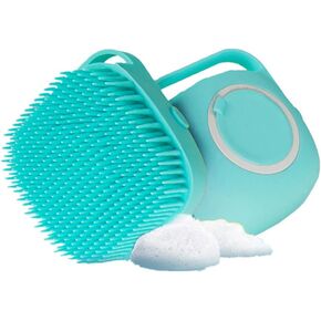 Portable Dog Bath Brush - Pet Massage Brush Shampoo Dispenser Soft Silicone Brush Rubber Bristle for Dogs and Cats Shower Grooming (Blue)
