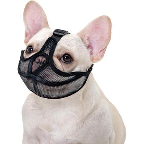 Short Snout Dog Muzzle, Won’t cover forehead Bulldog Muzzle Adjustable Breathe Mesh, Anti Bitting Chewing Barking（S,Black）