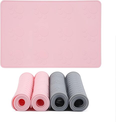 Pet Food Mat for Dog and Cat, Silicone Dog Mat for Food and Water, Waterproof Cat Food Feeding Mat, Anti-Slip Small Dog Bowl Mat for Floor, 18"x12", Pattern Bone - Grey in Kuwait