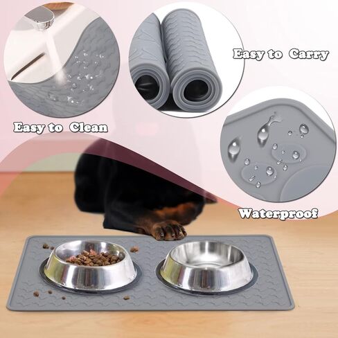 Pet Food Mat for Dog and Cat, Silicone Dog Mat for Food and Water, Waterproof Cat Food Feeding Mat, Anti-Slip Small Dog Bowl Mat for Floor, 18"x12", Pattern Bone - Grey in Kuwait