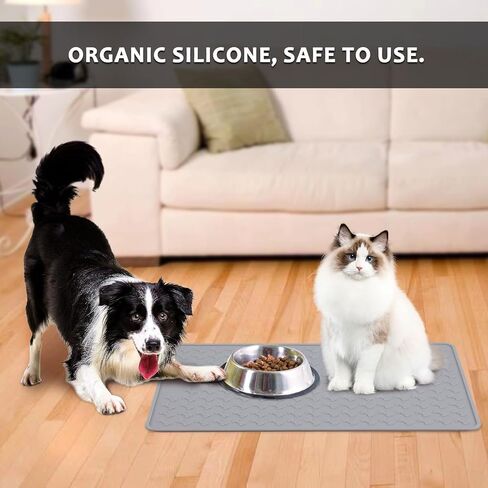 Pet Food Mat for Dog and Cat, Silicone Dog Mat for Food and Water, Waterproof Cat Food Feeding Mat, Anti-Slip Small Dog Bowl Mat for Floor, 18"x12", Pattern Bone - Grey in Kuwait