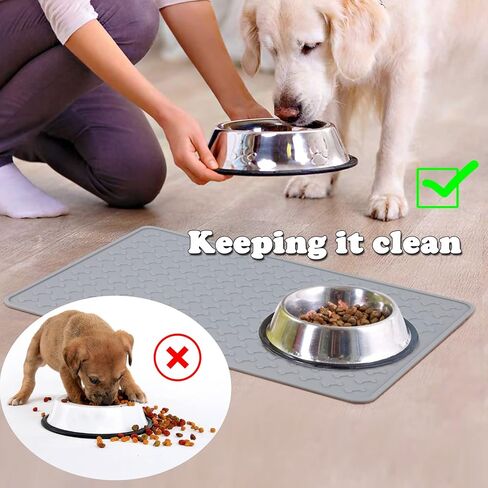 Pet Food Mat for Dog and Cat, Silicone Dog Mat for Food and Water, Waterproof Cat Food Feeding Mat, Anti-Slip Small Dog Bowl Mat for Floor, 18"x12", Pattern Bone - Grey in Kuwait