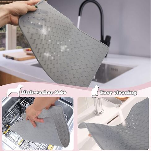 Pet Food Mat for Dog and Cat, Silicone Dog Mat for Food and Water, Waterproof Cat Food Feeding Mat, Anti-Slip Small Dog Bowl Mat for Floor, 18"x12", Pattern Bone - Grey in Kuwait