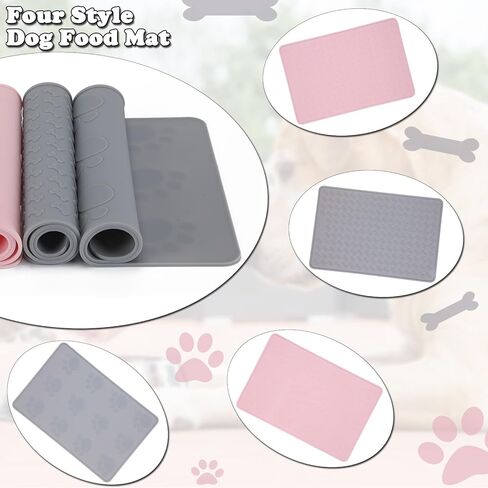 Pet Food Mat for Dog and Cat, Silicone Dog Mat for Food and Water, Waterproof Cat Food Feeding Mat, Anti-Slip Small Dog Bowl Mat for Floor, 18"x12", Pattern Bone - Grey in Kuwait