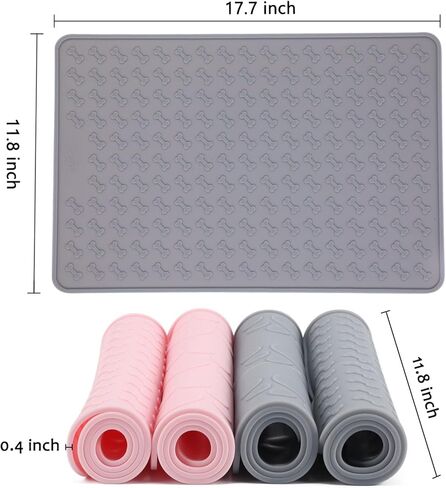 Pet Food Mat for Dog and Cat, Silicone Dog Mat for Food and Water, Waterproof Cat Food Feeding Mat, Anti-Slip Small Dog Bowl Mat for Floor, 18"x12", Pattern Bone - Grey in Kuwait