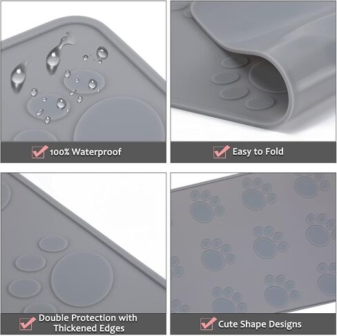 Pet Food Mat for Dog and Cat, Silicone Dog Mat for Food and Water, Waterproof Cat Food Feeding Mat, Anti-Slip Small Dog Bowl Mat for Floor, 18"x12", Pattern Bone - Grey in Kuwait
