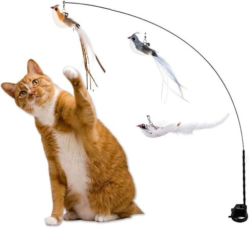 KOTYA Cat Wand Toy 5 in 1 Bird Set Hands Free Toy with Bell and Natural Feathers Interactive Toys for Indoor Cats Strong Suction Cat Dancer Toy in Kuwait