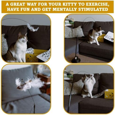 KOTYA Cat Wand Toy 5 in 1 Bird Set Hands Free Toy with Bell and Natural Feathers Interactive Toys for Indoor Cats Strong Suction Cat Dancer Toy in Kuwait