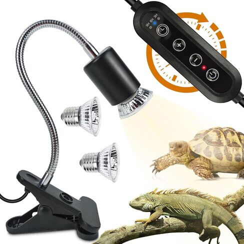 Timed Heat Lamp with Dual 50W UVB UVA Bulbs for Reptiles, Turtles, Tortoises, and Puppies: Adjustable Heat Switch, 360° Adjustable Angle, Strong Clips, Ideal for Aquarium Tanks and Basking in Kuwait
