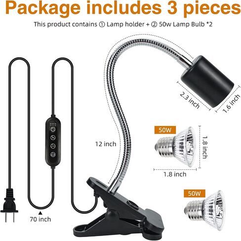 Timed Heat Lamp with Dual 50W UVB UVA Bulbs for Reptiles, Turtles, Tortoises, and Puppies: Adjustable Heat Switch, 360° Adjustable Angle, Strong Clips, Ideal for Aquarium Tanks and Basking in Kuwait