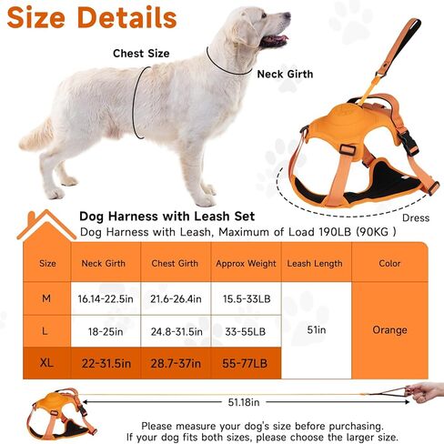 WHDPETS الكلب تسخير، عدم سحب الكلب تسخير والمقود مجموعة، قابل للتعديل لينة مبطن سترة الكلب مع مقبض تحكم سهل للتدريب على المشي لمسافات طويلة، برتقالي، L in Kuwait
