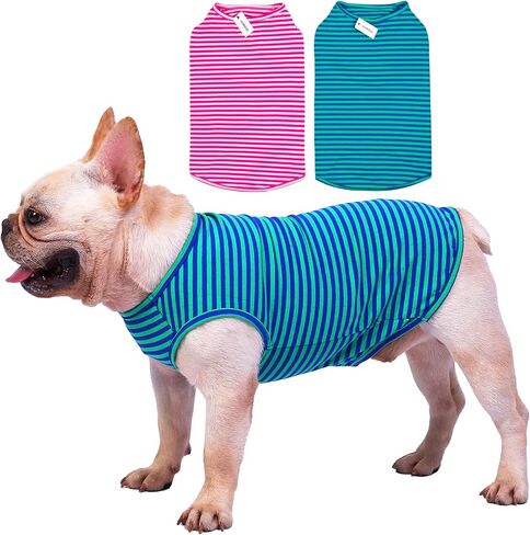 Dog Shirts Cotton Striped T-Shirts, Breathable Basic Vest for Puppy and Cat, Super Soft Stretchable Doggy Tee Tank Top Sleeveless, Fashion & Cute Color for Boys and Girls (XXL, Pink+Green) in Saudi Arabia