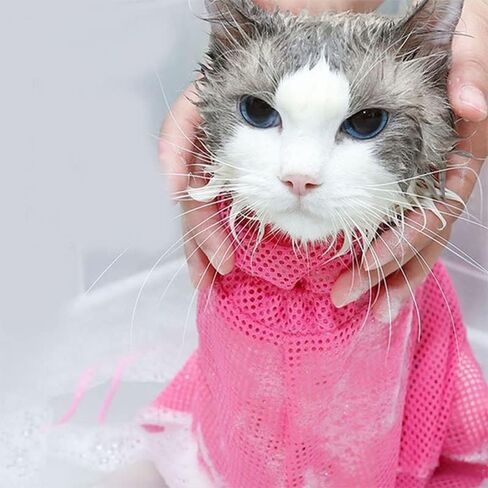 Acxico 2 Pcs Cat Grooming Bath Bag Mesh Cat Washing Bag Biting Restraint for Pet Bathing Nail Trimming in Kuwait