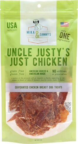 Gourmet Jerky Dog Treats - Natural Dog Treat Chicken Jerky for Dogs, Nutritious and Tasty Dog Jerky Treats Made in USA only, Cage-Free Chicken, No Additives(Mika & Sammy's Unlcle Justy's 5 oz) in Kuwait