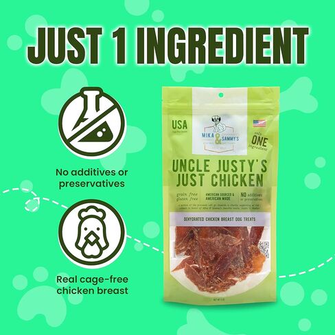 Gourmet Jerky Dog Treats - Natural Dog Treat Chicken Jerky for Dogs, Nutritious and Tasty Dog Jerky Treats Made in USA only, Cage-Free Chicken, No Additives(Mika & Sammy's Unlcle Justy's 5 oz) in Kuwait