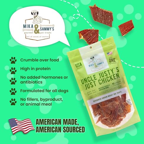 Gourmet Jerky Dog Treats - Natural Dog Treat Chicken Jerky for Dogs, Nutritious and Tasty Dog Jerky Treats Made in USA only, Cage-Free Chicken, No Additives(Mika & Sammy's Unlcle Justy's 5 oz) in Kuwait