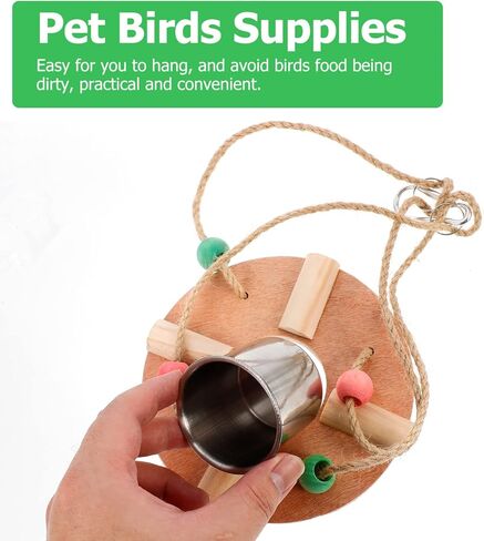 POPETPOP Bird Feeding Dish Cups with Wood Platform Hanging Parrot Cage Feeder Water Bowl Stainless Steel Birdcage Bowls Feeding Perch Play Stand Swing for Indoor Outdoor Pet Bird in Saudi Arabia