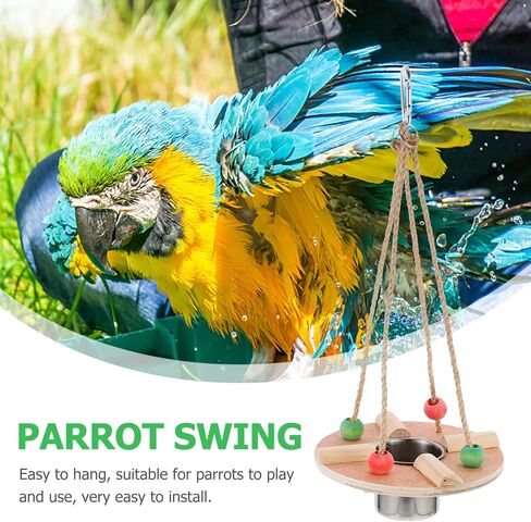 POPETPOP Bird Feeding Dish Cups with Wood Platform Hanging Parrot Cage Feeder Water Bowl Stainless Steel Birdcage Bowls Feeding Perch Play Stand Swing for Indoor Outdoor Pet Bird in Saudi Arabia