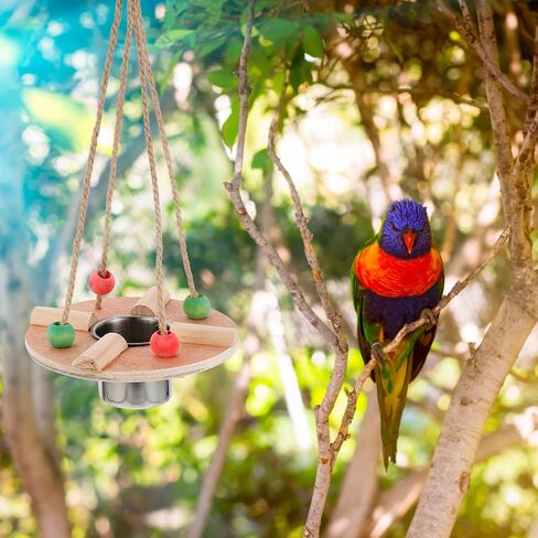 POPETPOP Bird Feeding Dish Cups with Wood Platform Hanging Parrot Cage Feeder Water Bowl Stainless Steel Birdcage Bowls Feeding Perch Play Stand Swing for Indoor Outdoor Pet Bird in Saudi Arabia