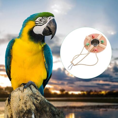 POPETPOP Bird Feeding Dish Cups with Wood Platform Hanging Parrot Cage Feeder Water Bowl Stainless Steel Birdcage Bowls Feeding Perch Play Stand Swing for Indoor Outdoor Pet Bird in Saudi Arabia