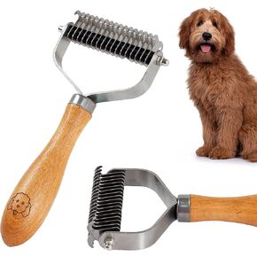 Pet Dematting Comb for Dogs and Cats with Wood Handle, Deshedding Undercoat Rake for Dogs with Stainless Steel Blades, Dog Comb for Detangling Thinning and Shedding, All Hair Types [We Love Doodles]
