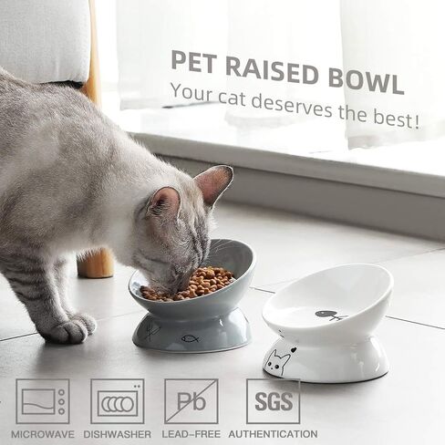 Sweejar Ceramic Raised Cat Bowls, Slanted Cat Dish Food or Water Bowls, Elevated Porcelain Pet Feeder Bowl Protect Cat's Spine, Stress Free, Backflow Prevention (BlackNew) in Kuwait