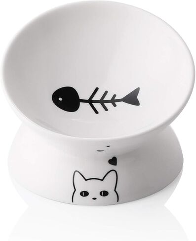 Sweejar Ceramic Raised Cat Bowls, Slanted Cat Dish Food or Water Bowls, Elevated Porcelain Pet Feeder Bowl Protect Cat's Spine, Stress Free, Backflow Prevention (BlackNew) in Kuwait
