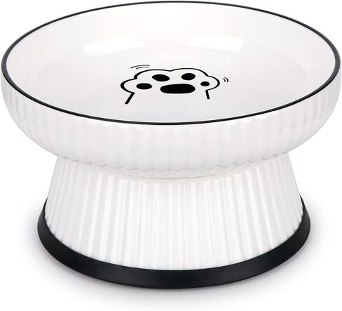 Large Ceramic Elevated Cat Food Bowl,Raised Shallow Cat Water Bowl with Anti-Slip Strip for Cats & Small Dogs,Stress Free Food Feeding Dish,Whisker Fatigue,Anti Vomiting,Non Tipping(White) in Kuwait