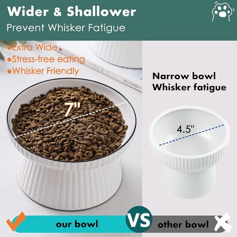 Large Ceramic Elevated Cat Food Bowl,Raised Shallow Cat Water Bowl with Anti-Slip Strip for Cats & Small Dogs,Stress Free Food Feeding Dish,Whisker Fatigue,Anti Vomiting,Non Tipping(White) in Kuwait