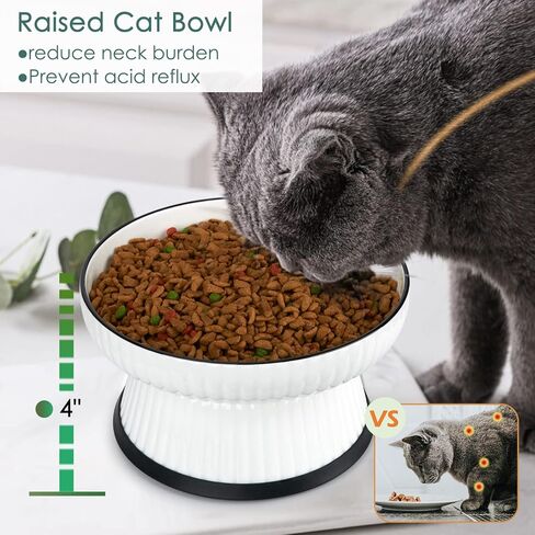 Large Ceramic Elevated Cat Food Bowl,Raised Shallow Cat Water Bowl with Anti-Slip Strip for Cats & Small Dogs,Stress Free Food Feeding Dish,Whisker Fatigue,Anti Vomiting,Non Tipping(White) in Kuwait