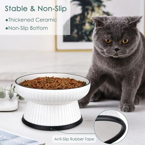 Large Ceramic Elevated Cat Food Bowl,Raised Shallow Cat Water Bowl with Anti-Slip Strip for Cats & Small Dogs,Stress Free Food Feeding Dish,Whisker Fatigue,Anti Vomiting,Non Tipping(White) in Kuwait