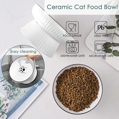 Large Ceramic Elevated Cat Food Bowl,Raised Shallow Cat Water Bowl with Anti-Slip Strip for Cats & Small Dogs,Stress Free Food Feeding Dish,Whisker Fatigue,Anti Vomiting,Non Tipping(White) in Kuwait