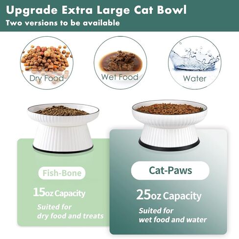 Large Ceramic Elevated Cat Food Bowl,Raised Shallow Cat Water Bowl with Anti-Slip Strip for Cats & Small Dogs,Stress Free Food Feeding Dish,Whisker Fatigue,Anti Vomiting,Non Tipping(White) in Kuwait