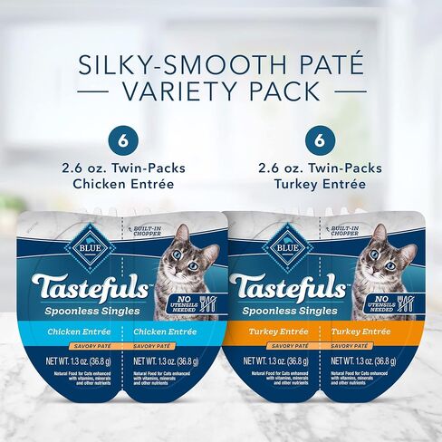Blue Buffalo Tastefuls Spoonless Singles Variety Pack, Wet Cat Food Paté, 2.6-oz. Twin-Pack Trays, Whitefish/Tuna & Salmon Entreé (12 Count) in Kuwait