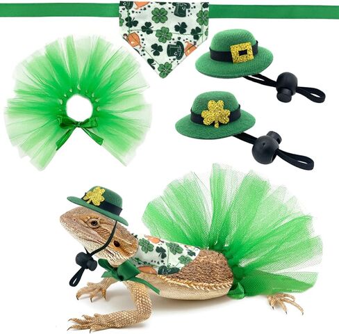 Vehomy 4Pcs Saint Patrick's Day Bearded Dragon Hats Tutu Skirt Outfit Lizard Bowler Hat with Shamrock Décor Small Pet St Patrick's Day Tutu Accessories Costume for Lizard Hamster Leopard Gecko in Kuwait