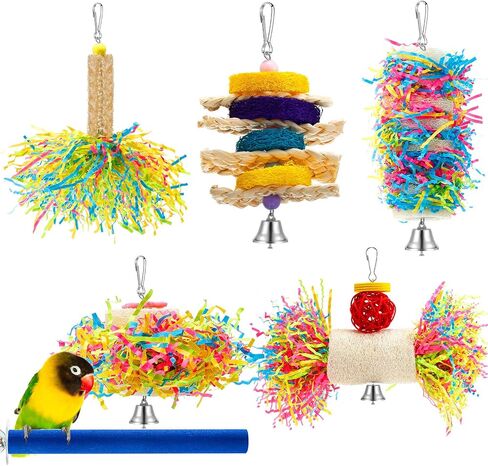 6 Pieces Parrot Cage Shredding Toy Bird Chewing Toys Foraging Hanging Toy Bird Loofah Toys with Bird Perch Stand Toy Blue Paw Grinding Stick for Small Bird Parakeets Cockatiel Conure African Grey in Saudi Arabia