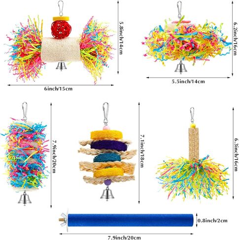 6 Pieces Parrot Cage Shredding Toy Bird Chewing Toys Foraging Hanging Toy Bird Loofah Toys with Bird Perch Stand Toy Blue Paw Grinding Stick for Small Bird Parakeets Cockatiel Conure African Grey in Saudi Arabia