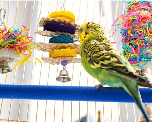 6 Pieces Parrot Cage Shredding Toy Bird Chewing Toys Foraging Hanging Toy Bird Loofah Toys with Bird Perch Stand Toy Blue Paw Grinding Stick for Small Bird Parakeets Cockatiel Conure African Grey in Saudi Arabia