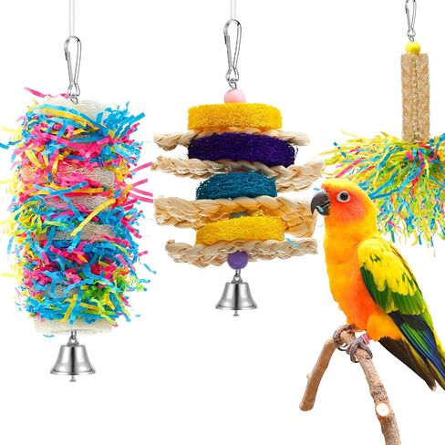 6 Pieces Parrot Cage Shredding Toy Bird Chewing Toys Foraging Hanging Toy Bird Loofah Toys with Bird Perch Stand Toy Blue Paw Grinding Stick for Small Bird Parakeets Cockatiel Conure African Grey in Saudi Arabia
