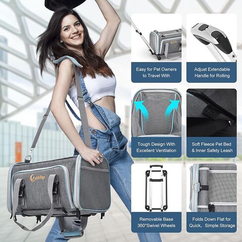 Ahfqx 20"*11.8"*11" Airline Approved Dog Carrier，Cat Carrier，3 Sided Expandable Rolling Carrier，Expandable Premium Pet Carrier on Wheels-Designed for Dogs & Cats- Extra Spacious Soft Lined Carrier! in Kuwait